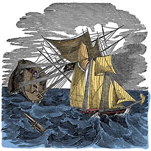 A pirate ship attacks a merchant ship Engraving from "The Pirates Own Book"