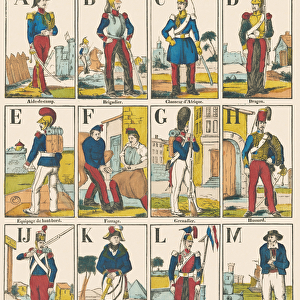 Planche complete - Military Alphabet, c. 1835 (colored engraving)