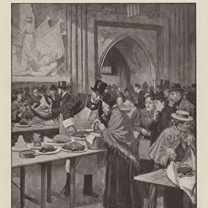 The poor receiving food left over after the Lord Mayor of Londons banquet at the Guildhall (litho)