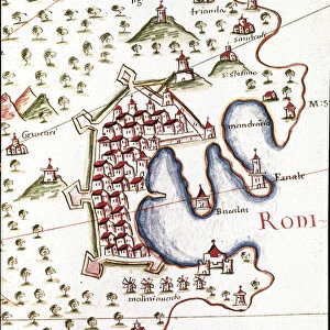 The port of Rhodes in Greece (Detail of the portulan of Castellini, 17th century)