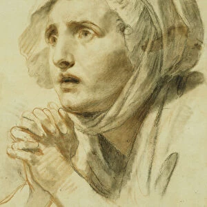 Portrait of a Woman, Bust Length, in a Bonnet, with her Hands Clasped, (red chalk