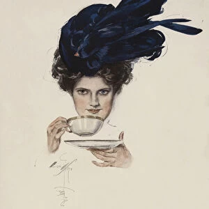 Portrait of a woman in a fancy hat drinking tea (colour litho)
