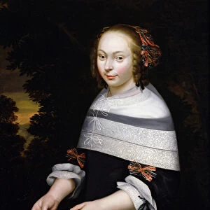 A portrait of a young girl holding a fan, a landscape beyond, c. 1650 (oil on canvas)