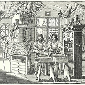 Printers workshop, 17th Century (engraving)