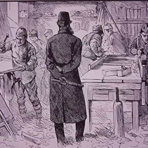Prisoners work at carpentry in prison (engraving)