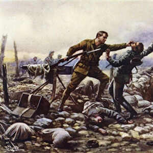 Private J Boyd, of the Irish Guards, capturing a German machine-gun single-handed, World War I (colour litho)