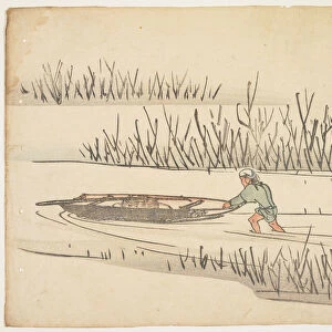 Pushing boat in marsh (colour woodblock print)