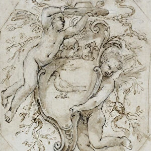 Two Putti Supporting a Cardinals Hat and an Escutcheon with the Arms of Camillo