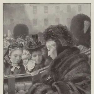 The Queen reviewing the Wives and Children of Life Guards and Reservists at the Front, at the Victoria Barracks, Windsor (litho)