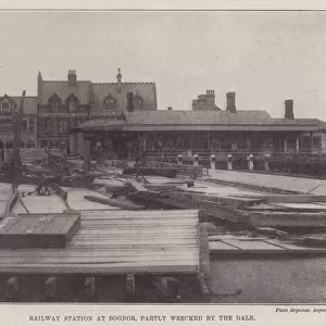 Railway Station at Bognor, partly wrecked by the Gale (b / w photo)