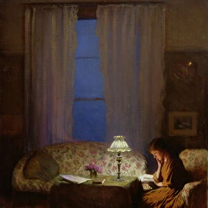 Reading by Lamplight (Twilight: Interior) (oil on canvas)