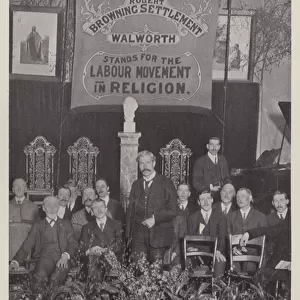 Religion and Labour, Browning Hall Meeting in Labour Week, on the platform with Mr Ramsay MacDonald are Mr F H Stead, Mr J R Clynes and other Labour Leaders (b / w photo)