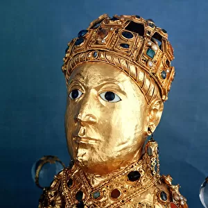 Reliquary statue of St. Foy, detail of the head, c. 980 (gold, silver, wood