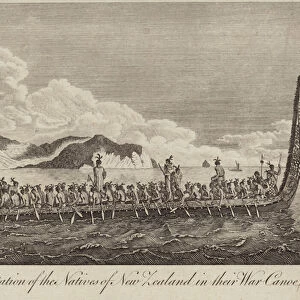 Representation of the natives of New Zealand in their war canoe (engraving)