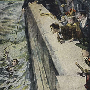 Rescue of a drowning man from the River Thames by the Embankment, London (colour litho)