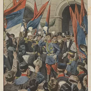 Return of the Crown Prince of Serbia to Belgrade, enthusiastic demonstrations by the people (Colour Litho)
