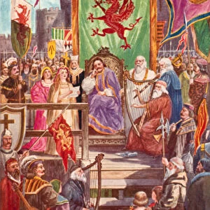 Rhys ap Gruffydd presiding at the first Eisteddfod, Cardigan Castle, Wales, 1176 (colour litho)