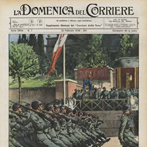 At the rhythm of the energetic Roman step, the Legions of Blackshirts parade in front of the Duce... (colour litho)