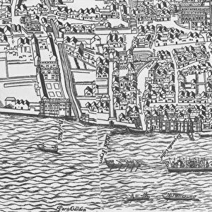 Detail of River Thames and St Pauls Cathedral from Civitas Londinium (woodblock