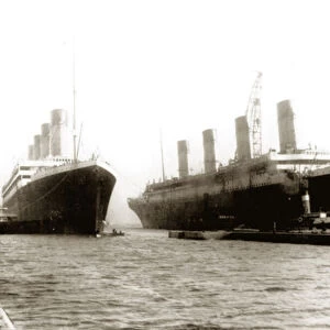 RMS Titanic being moved out of drydock to allow her sister ship, RMS Olympic