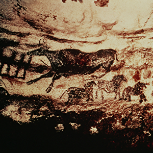 Rock painting of a leaping cow and a frieze of small horses, c. 17000 BC (cave painting)