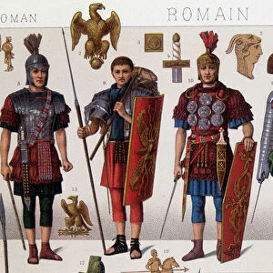 Roman gladiator costumes and warriors. 19th century chromolithography