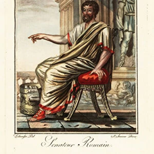 Roman senator seated on a chair, ancient Rome. 1796 (engraving)
