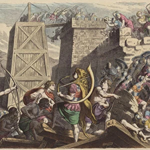 Roman soldiers storming a city (coloured engraving)