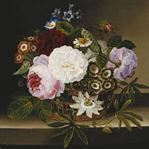Roses and Other Flowers in a Basket on a Ledge (oil on canvas)