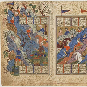 Rustam kicks back the rock rolled on him by Bahman from a Shahnama (Book of kings), c