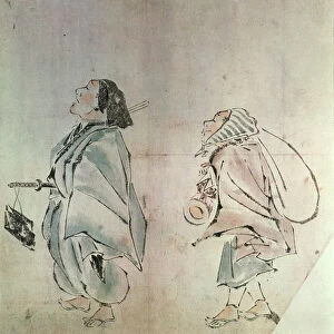 Samurai being followed by a servant (ink and wash on paper)