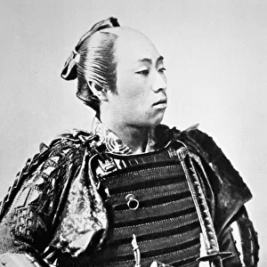 Samurai of Old Japan with traditional hairstyle (b / w photo)