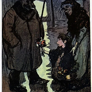 Satire: illustration by Maurice Radiguet (1866-1941) for the French magazine "L'Assiette au Beurre", 1910. The cartoon denounces the trafficking of children in Paris since the end of the 19th century