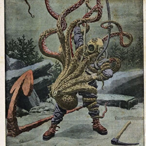 Scaphandler attacked by an octopus. Engraving in "Le petit Journal", on 16 / 06 / 1912. Private collection