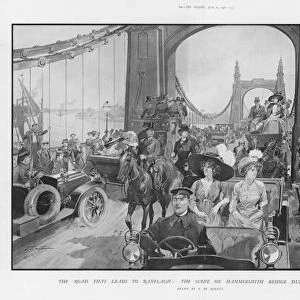 The scene on Hammersmith Bridge during the season (litho)