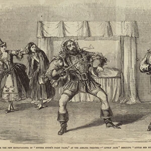 Scene from the New Extravaganza of "Mother Gooses Fairy Tales, "at the Adelphi Theatre, "Lively Jack"rescuing "Little Red Riding-Hood"from the "Wolf"(engraving)
