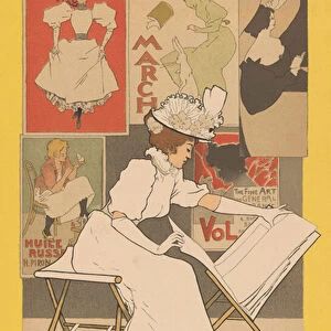 Seated woman at a stand looking at prints, 1897 (colour lithograph)