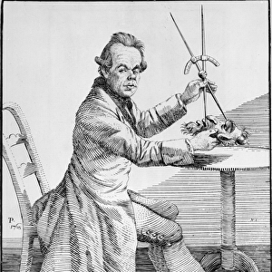 Self Portrait holding callipers over a mask, c. 1768-70 (engraving) (b / w photo)
