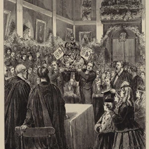 Serving up the Boars Head at Queens College, Oxford, on Christmas Day (engraving)