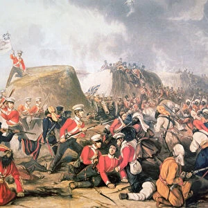Sgt. McCabe raises the colours on the ramparts at the Battle of Sobraon (colour litho)