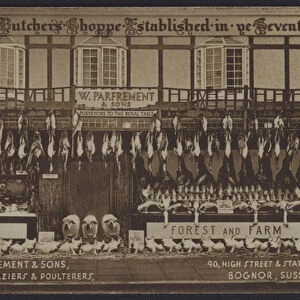 Shop front of W Parfrement & Sons, butchers, graziers and poulterers, Bognor Regis, Sussex (b / w photo)