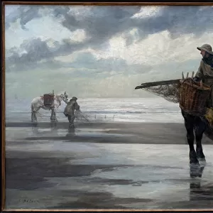 Shrimp fishermen in Nieuport (Nieuwpoort) (Belgium). Painting by Jean Delvin (1853-1922)