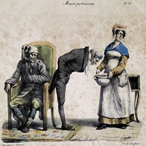 Sick, doctor looking in the pot and servant. Cartoon of Parisian morals by Pigal