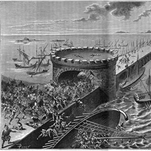 Siege of Alexandria by Jules Cesar in 47 BC The galere of Cesar under the weight of