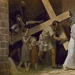Simon of Cyrene helping Jesus to carry his Cross (colour litho)