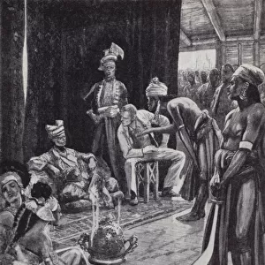 Sir James Brooke negotiating a treaty with the Sultan of Brunei for establishing a British colony on Borneo, 1842 (litho)