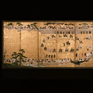 Six-fold screen depicting a military dog-chasing game, 17th century