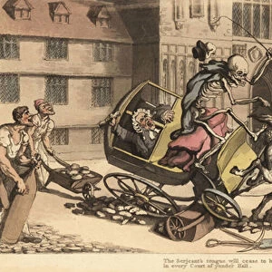The skeleton of Death in cloak and cap drives a two-horse carriage as it crashes into roadworks killing his passenger, a court officer. Handcoloured copperplate drawn and engraved by Thomas Rowlandson from The English Dance of Death, Ackermann