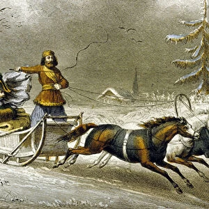 A Sled in the Snow, Russia (colour engraving)