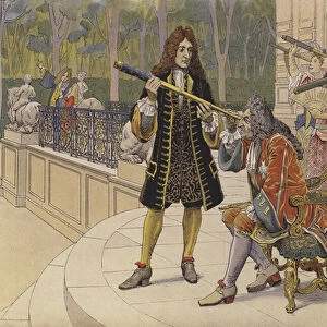 The solar eclipse, King Louis XIV and the women of the Court on the terrace of the Chateau of Marly (colour litho)